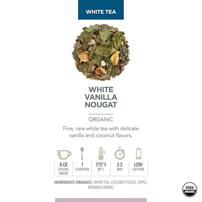 Teabloom Organic White Tea, White Vanilla Nougat Loose Leaf Tea, Sweet and Satisfying with Vanilla and Coconut, USDA Certified Organic and Kosher Certified, 1.41 oz/40 g Canister Makes 35-50 Cups