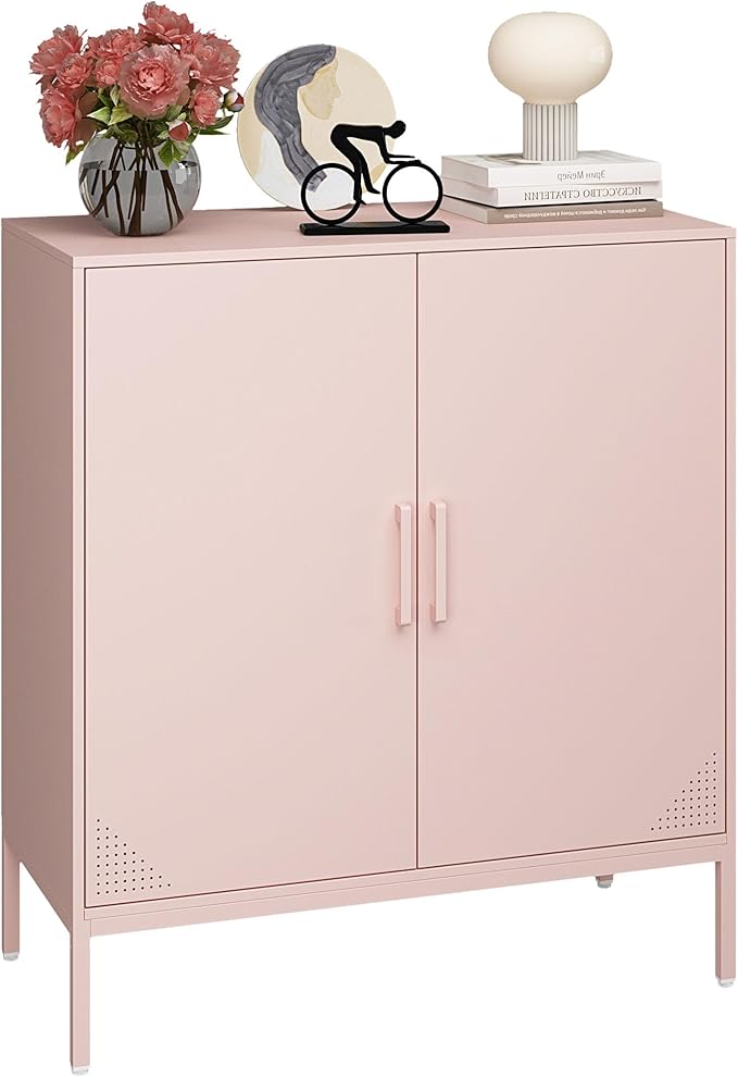 Metal Storage Cabinet with 2 Doors, Steel Buffet Sideboard Entryway Locker Cabinet Kitchen Cupboard for Living Room, Dining Room, Kitchen, Office, Bar (Pink, 31.5" D x 15.75" W x 35.43" H)