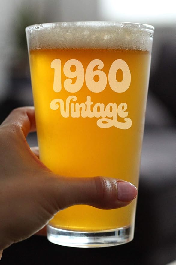 Vintage 1960 Pint Glass for Beer - 65th Birthday Gifts for Men or Women Turning 65 - Fun Bday Party Decor - 16 oz