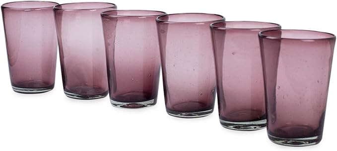 NOVICA Artisan Handblown Recycled Ecofriendly Tall Tumblers Purple Glass Drinkware Set 6 Mexico Tableware Glasses Water Hollywood Glam [ 5.5in H x 3.9in Diam. 15 Oz.] ' Amethyst' Set of 6