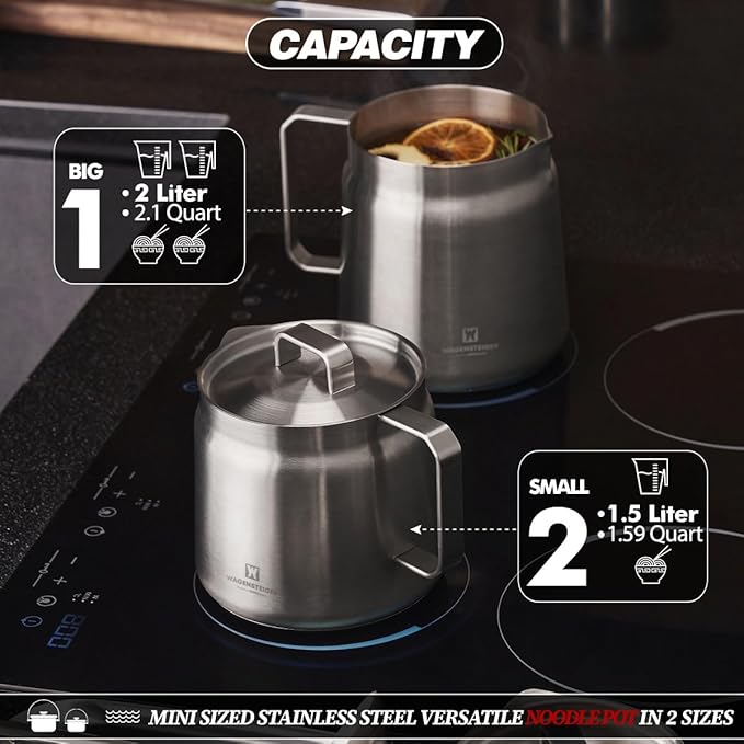 Stainless Steel Classic Tea Kettle 2.1 Quarts / 2 Liters, Multi-purpose Cooking Pot, Mini Milk Pan, Butter Warmer, On-the-go Saucepan, Ramen Pot, Stovetop Metal Tea/Coffee Pot (606)