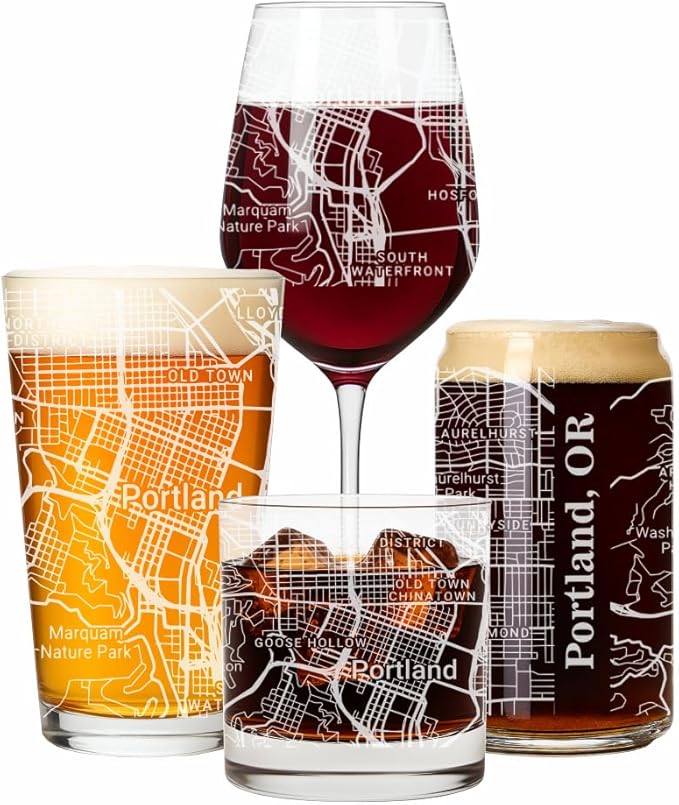 Blue Ridge Mountain Gifts - Portland Souvenir - Oregon Glassware Gift, Etched City Map, Laser Engraved and Dishwasher Safe