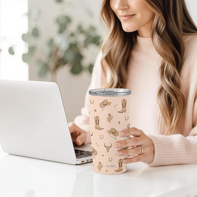 SANDJEST Cowgirl Tumbler 20oz, Stainless Steel Travel Cup with Lid, Insulated Coffee Mug, Cowgirl Gifts for Women Girls Friends Sisters on Birthday Christmas (Beige)