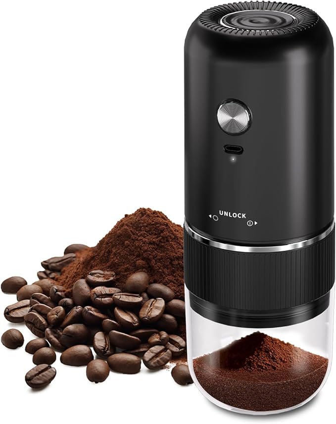 Portable Electric Coffee Grinder，Automatic Coffee Grinder with USB Type-C wireless charging design，Adjustable Coarse to Fine for coffee beans, grains, cleaning brush + cable Includes (black)