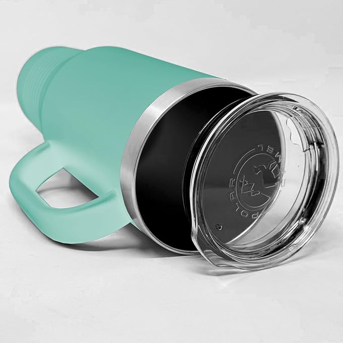 LaserGram 40oz Vacuum Insulated Travel Mug with Handle, Tiki Statue, Personalized Engraving Included (Teal)