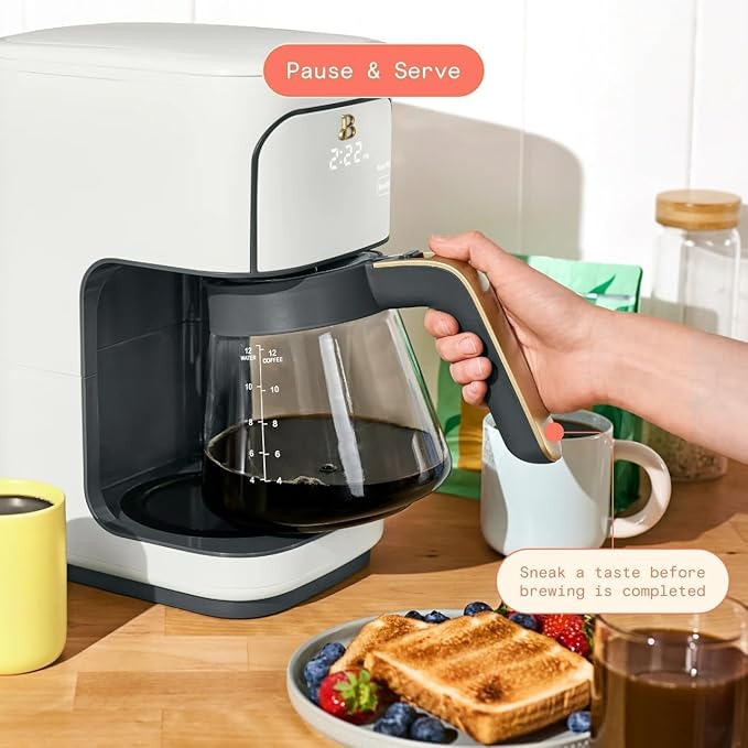Beautiful 12 Cup Programmable Coffee Maker, Drip Coffee Machine with Glass Carafe, Automatic Brew Strength Control, Espresso Maker Function, Compact Espresso Machine (White Icing)