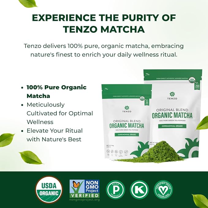 Tenzo Tea Matcha Green Tea Powder - USDA Organic Ceremonial Grade - Paleo, Kosher, Vegan - Authentic Japanese Matcha - Original Latte Powder 3.53 Ounce