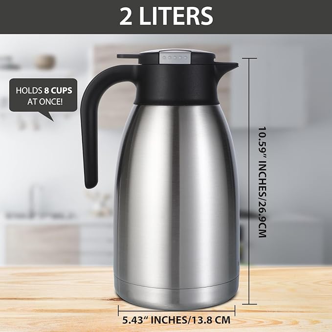 Heritage66 2L Thermal Coffee Carafe with Cleaning Brush – Triple-Wall Vacuum Insulated Stainless Steel Dispenser, 12h Hot / 24h Cold, Wide-Mouth Coffee & Tea Server