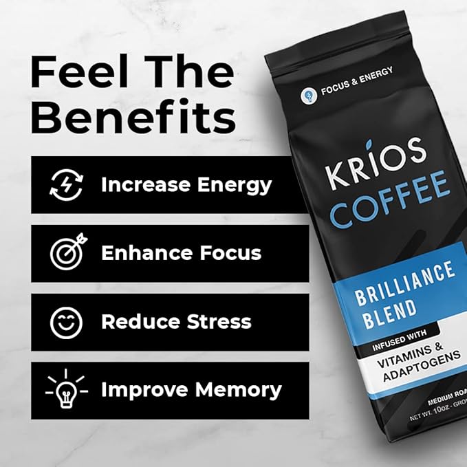 Krios Coffee Brilliance Ground Coffee, Enhance Energy & Focus with Essential Vitamins, L-Theanine & Rhodiola Rosea, Medium Roast, Smooth, 10 oz bag