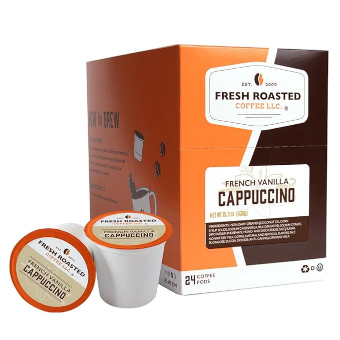 Fresh Roasted Coffee, French Vanilla Cappuccino Powdered Drink Pods, K-Cup Compatible, 24 Count