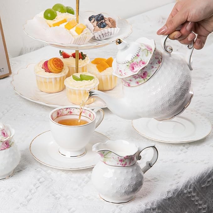 Sweejar 21 Pieces Porcelain Tea Set, Vintage Floral Gold Trimmed Teapot Cup and Saucer Set, Tea Cup for Loose Tea, Sugar Bowl and Creamer Pitcher with Spoons, Service for 6(Retro Flower)