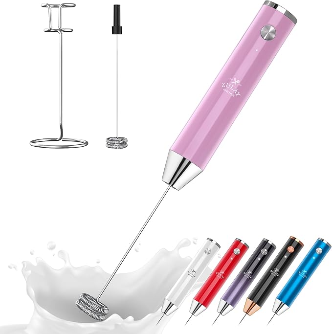 Zulay Kitchen Lux Electric Milk Frother Rechargeable Handheld - Powerful 2-Speed Motor, Waterproof, 2000mAh Battery - Drink Mixer for Latte, Cappuccino, Matcha & Protein Powder - Pink Bubblegum