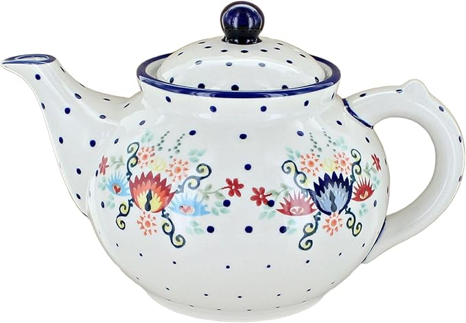 Blue Rose Polish Pottery - Red Desert Flower Teapot - 5 Cup Capacity - Hand-Painted Polish Pottery Ceramic Coffee & Tea Server