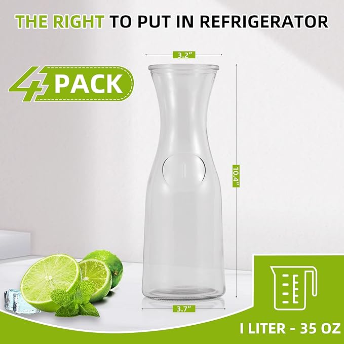 Set of 4 Glass Carafe with Lids, 1 Liter Beverage Pitcher Carafe for Mimosa Bar, Lemonade - 4 Wooden Chalkboard Tags Included