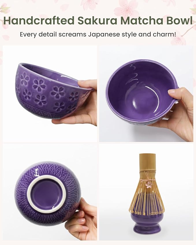 Matcha Whisk Sets 7 Pcs Includes Ceramic Bowl, Bamboo Whisk, Scoop, Sifter, Whisk Holder, Scoop Rest & Tea Towel | Japanese Matcha Ceremony Gift Set for Matcha Lovers (Purple)