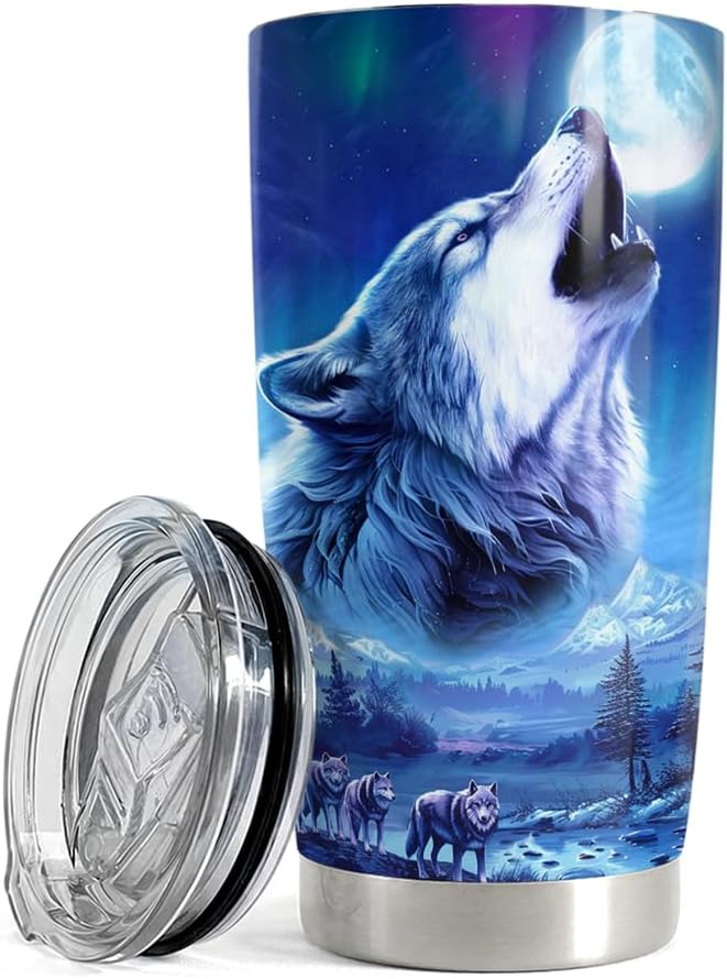SANDJEST Wolf Tumbler 20oz Stainless Steel Insulated Coffee Cup Tumblers Wolf Gifts for Men Husband Dad Gift for Birthday Christmas Fathers Day