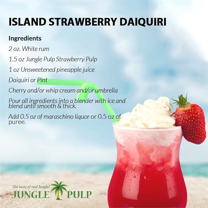 Jungle Pulp Strawberry Puree Costa Rica Blend, Topping, Flavoring Better than Syrup, Mix, for Cocktails, Smoothies, Daiquiri, Margarita, Tea, Desserts, Ice Cream and Juice. 33.8oz/1 Liter