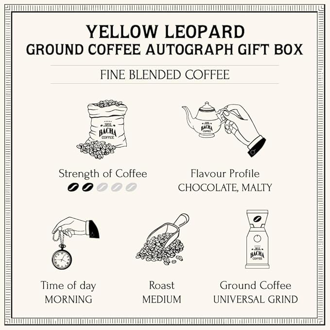 Bacha Coffee | Yellow Leopard Fine Blended Coffee, Autograph Collection, 100% Arabica Specialty Coffee, Ground Beans, Medium Roast, 250g & 100% Natural Wood Fibre Paper Filters, Small Bundle
