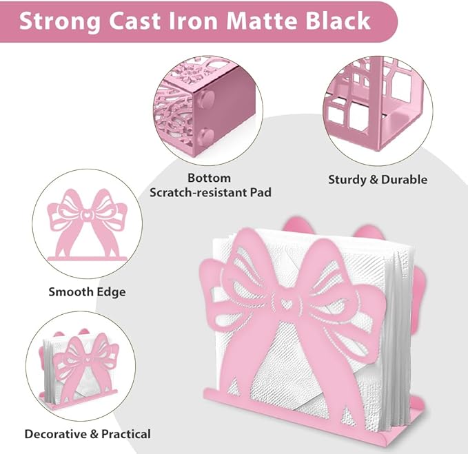 Pink Bow Decorative Metal Napkin Holder for Table, 5.9" x 5.3" x 1.9" Bow Standing Napkin Holder for Home Kitchen Restaurant Picnic Party Coffee Bar Dining Room
