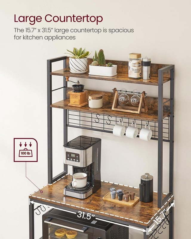 VASAGLE Bakers Rack with Power Outlet, Microwave Stand, Kitchen Tall Utility Storage Shelf, with Metal Wire Panel, 14 Hooks, 15.7 x 31.5 x 66.9 Inches, Rustic Brown and Ink Black UKKS025B01