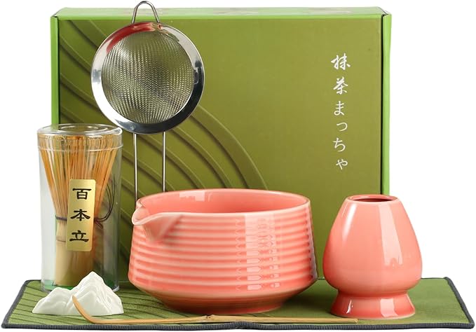 Matcha Whisk Set, Ceramic Matcha Bowl with Spout, Bamboo Whisk, Scoop, Sifter, Holder, Tea Towel, 7-Piece Matcha Kit for Making Breakfast/Latte, Square Pink, Large