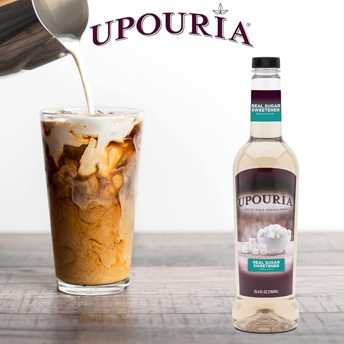 Upouria Real Sugar Sweetener Simple Syrup, 100% Vegan and Gluten-Free, 750 mL Bottle - Coffee Syrup Pump Included