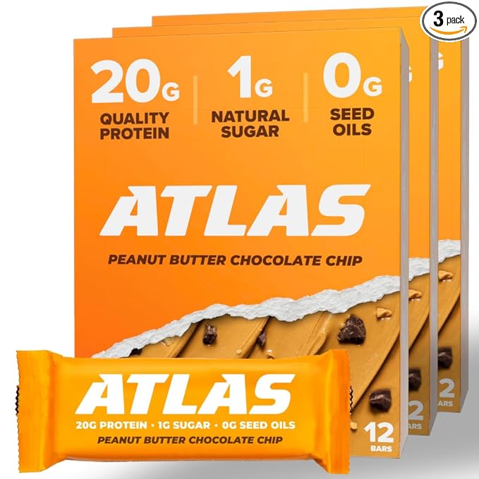 Atlas Bar – 20g Protein, 1g Sugar, 0g Seed Oils, 0g Artificial Sweeteners (Peanut Butter Chocolate Chip, 36 Count)