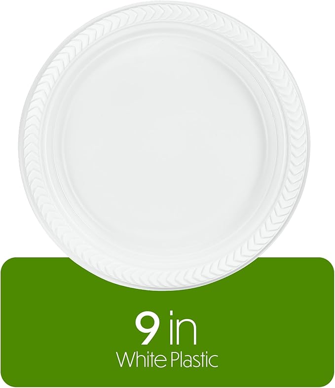 PLASTICPRO 400 PCS White Plastic Round 9 Inch Plastic Plates Premium Quality Light Weight Disposable Dishes Dinner Plates for Parties Weddings