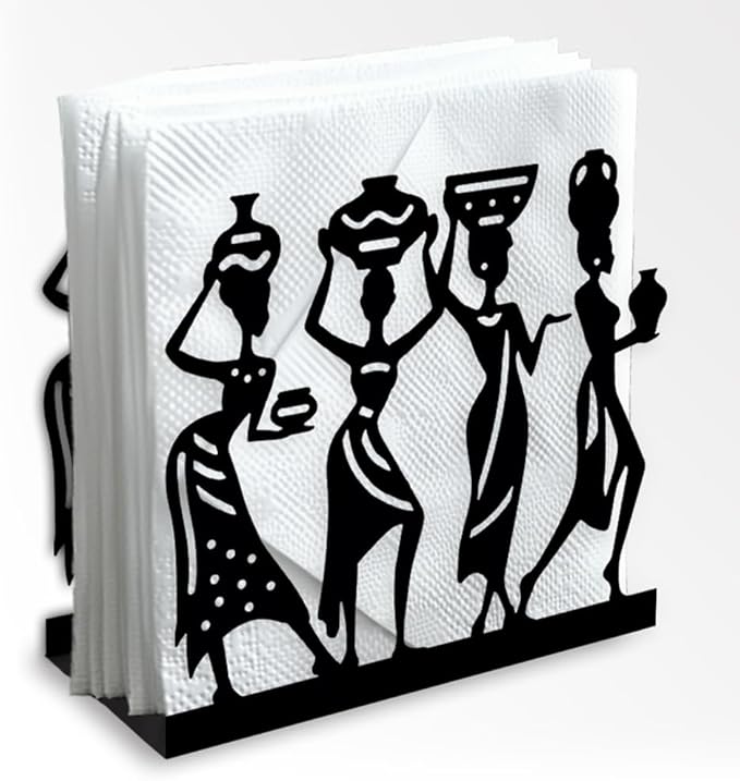African Female Decorative Black Metal Napkin Holder for Table, 5.3" x 4.9" x 1.9" African Women Standing Napkin Holder for Home Kitchen Restaurant Picnic Party Coffee Bar Dining Room