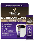 VitaCup Focus Mushroom Coffee Instant Packets, for Memory & Clarity Support, w/Fiber, Chaga, Lion’s Mane, D3, B Vitamins, Medium Roast, 100% Arabica & Robusta Coffee in Single Serve Sticks, 24 Ct