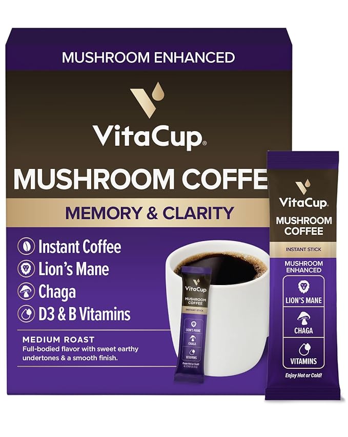 VitaCup Focus Mushroom Coffee Instant Packets, for Memory & Clarity Support, w/Fiber, Chaga, Lion’s Mane, D3, B Vitamins, Medium Roast, 100% Arabica & Robusta Coffee in Single Serve Sticks, 24 Ct