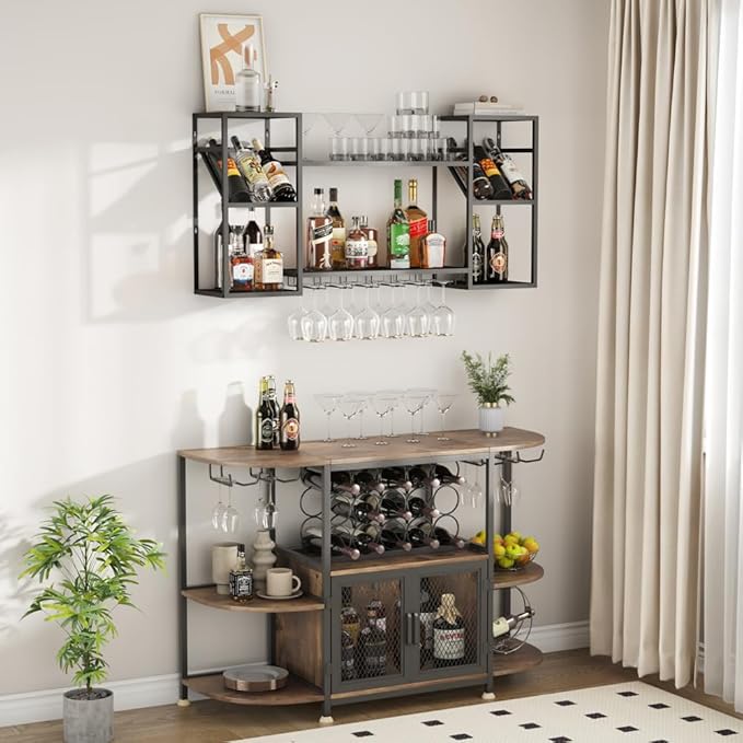 Metal Floating Bar Liquor Shelves 2 Tier, Wall Mounted Wine Rack with Glass Holder Storage, Wall Bar Shelf Wine Display Storage Holder for Kitchen Dining Room Bar (Black)