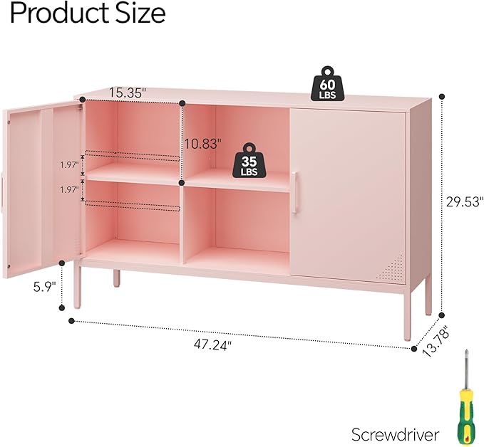 Metal TV Cabinet with Doors and Shelves Modern Metal Storage Cabinet Coffee Bar TV Stand 2 Door Locker for Office Living Room Kitchen (Pink, 47.24" D x 13.78" W x 29.53" H)
