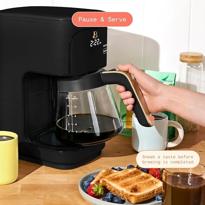 Beautiful 12-Cup Programmable Coffee Maker by Drew Barrymore, Touch-Activated Display, Auto Brew 24hr Timer, Regular/Gourmet/Bold Strength Options, Auto Clean & Keep Warm – Matte Finish (Black Sesame)