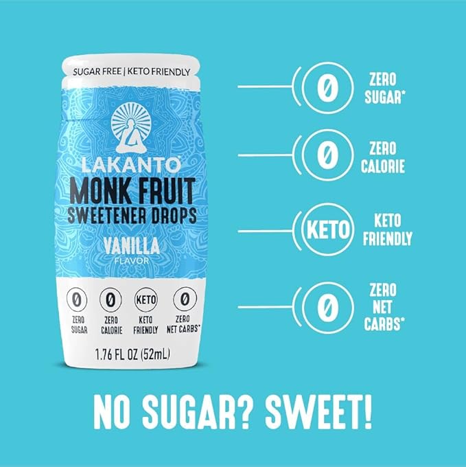 Lakanto Liquid Monk Fruit Extract Drops, Erythritol Free Sugar Substitute Sweetener For Tea, Coffee, Water & Smoothies, Low Calorie, Zero Sugar, Vegan, Keto, Vanilla Flavor (1.76 Fl Oz - Pack of 6)