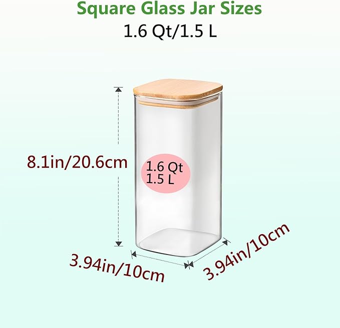 1.6 Qt Square Glass Storage Containers with Lids, Clear Food Storage Container Jar with Sealing Bamboo Lid for Noodles Flour Cereal Rice Sugar Tea Coffee Beans,Square Set of 3