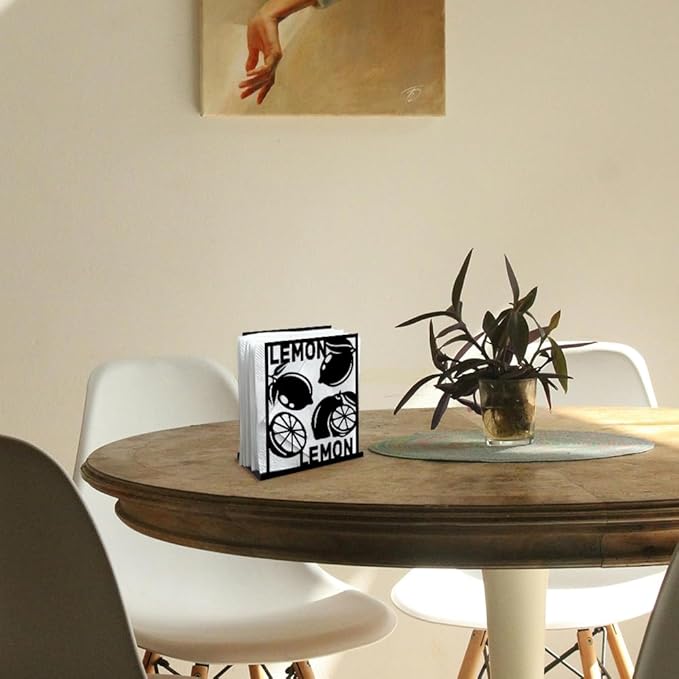 Lemon Decorative Black Metal Napkin Holder for Table, 5.3" x 4.9" x 1.9" Lemon Fruit Standing Napkin Holder for Home Kitchen Restaurant Picnic Party Coffee Bar Dining Room