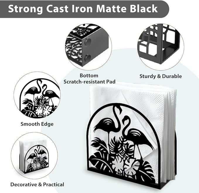Flamingos Animal Decorative Black Metal Napkin Holder for Table, 5.3" x 4.9" x 1.9" Tropical Leaves Standing Napkin Holder for Home Kitchen Restaurant Picnic Party Coffee Bar Dining Room