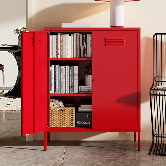 Red 2 Tier Metal Storage Cabinet with Legs, Small Accent Cabinet with Adjustable Shelf, Storage Side Table, 2 Door Storage Cabinet for Home, Office, Entryway, Kitchen,Bathroom,Dining Room