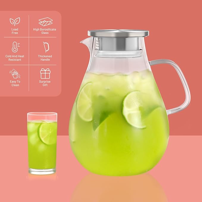Glass Pitcher With Lid, 51 oz Glass Water Pitcher, 0.4 Gallon glass Pitchers With Handle And Lid For Fridge, Carafe Jug For Hot/Iced Water Milk Juice Coffee Fruit Tea pitcher