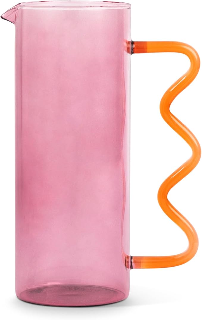 CORE HOME 44oz Pink Squiggle Handle Glass Pitcher – Modern Wavy Design Clear Beverage Carafe for Water, Juice, Iced Tea & Cocktails – Unique Drink Server for Entertaining & Home Decor