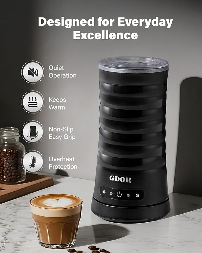 GDOR 4 in 1 Milk Frother and Steamer, 10oz Milk Steamer, Cold Foam Maker, Hot Chocolate Maker, Frother for Coffee, Latte, Cappuccino & More, Black