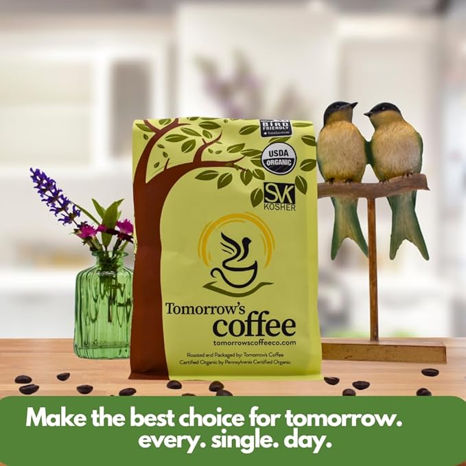 Tomorrow's Coffee Organic, Fair Trade, Shade Grown Whole Bean bird friendly coffee | Dark French Roast with chocolate flavor | Sustains Amazon Rainforest | 1 lb. omnidegradable bags (Ground)