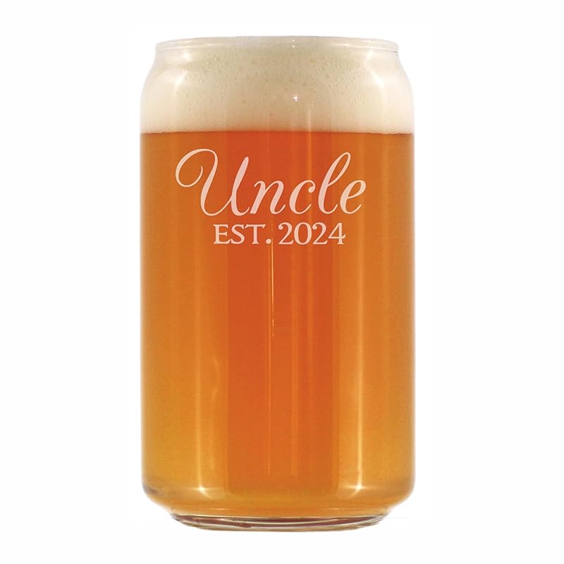Uncle Est 2024 - Beer Can Pint Glass Gift for First Time Uncles - Decorative 16 Oz Glasses