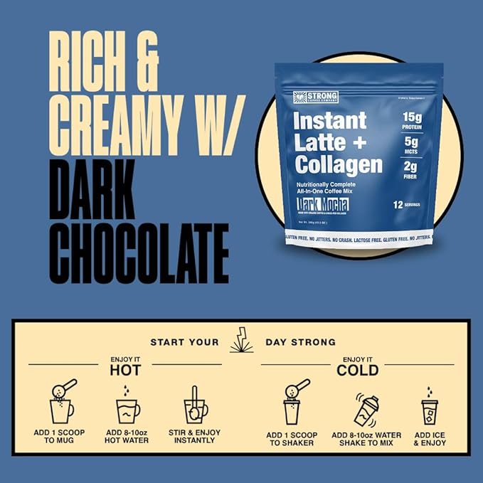 Strong Coffee Co. Dark Mocha Instant Latte | Organic Coffee with 15g Collagen Protein | Lion’s Mane & L-Theanine | Nootropic Instant Coffee | 12 Servings