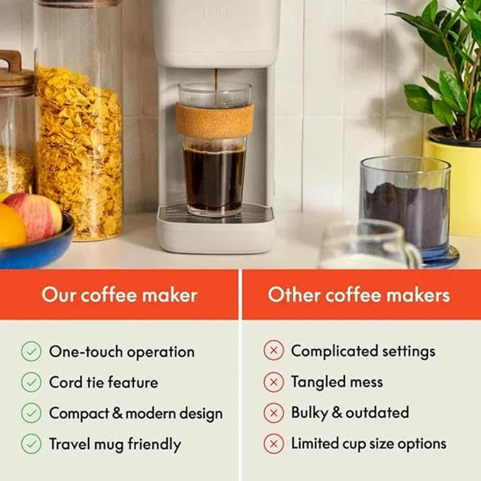 Single-Serve Bella Coffee Maker – Compact 6oz–14oz Brewer for Ground Coffee or Pods, One-Touch Operation, Adjustable Drip Tray, 35oz Water Tank, Travel Mug Friendly, Dishwasher-Safe Parts (Oatmilk)