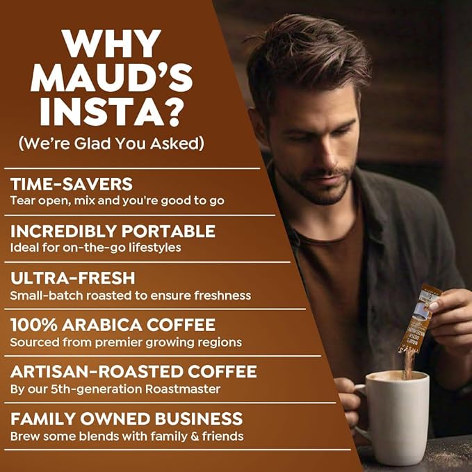 Maud's Sweet Hazelnut Flavored Instant Coffee, 26 ct, 100% Arabica Coffee, Medium Roast, Instant Hot or Iced Coffee - Just add water