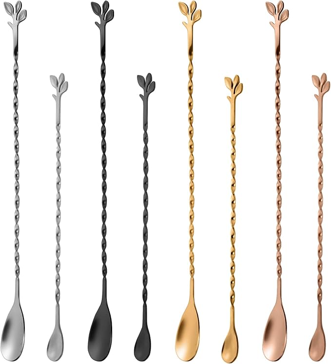 AnSaw Black 12-Inch Stainless Steel Cocktail Spoon with Leaf Handle - Perfect for Mixing & Layering Drinks in Tall Cups, Bar & Shakers - Durable Long Handle Bar Stirrer,1-Pieces