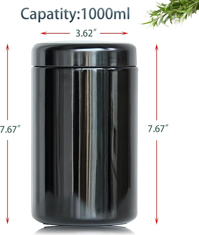 Black Glass Airtight Storage Container Jar 1000ml 2 Oz with UV Protection for Spice Coffee