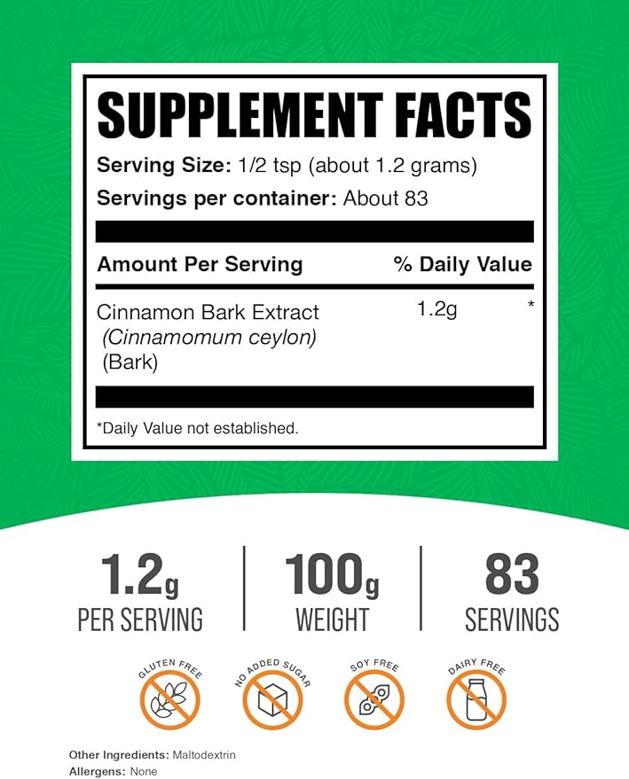 BulkSupplements.com Cinnamon Bark Extract Powder - Ceylon Cinnamon Supplement, Herbal Supplement - Vegan & Gluten Free, 1.2g per Serving, 100g (3.5 oz) (Pack of 1)